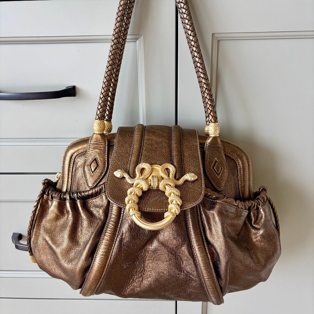 Iconic Rachel Zoe for Judith Leiber Metallic Leather Copper Snake Medusa Bag